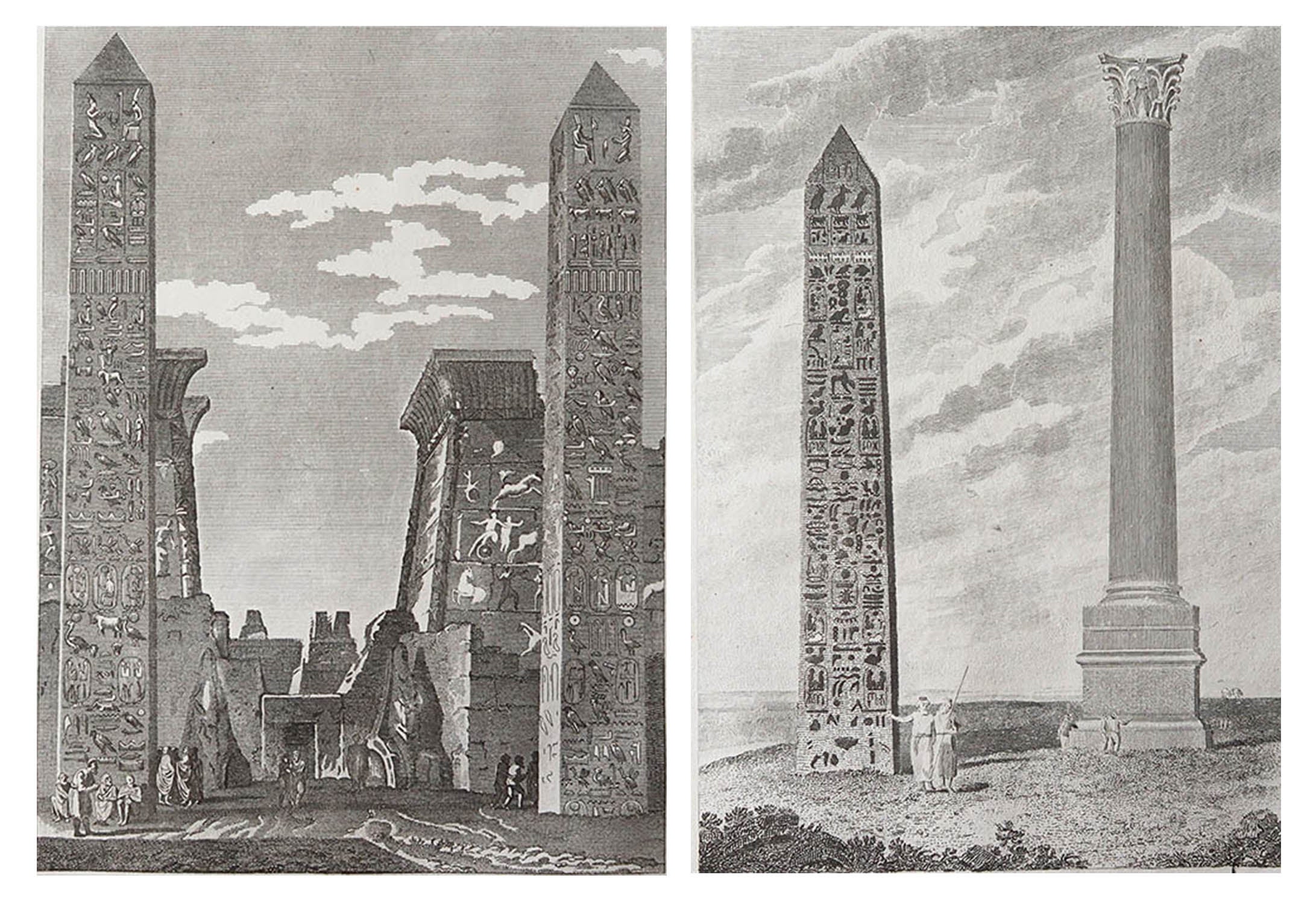 Paire d'impressions anciennes d'origine de l'Égypte ancienne, vers 1800