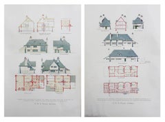 Coppia di stampe antiche originali di disegni architettonici di C.F.A. Voysey. 1906