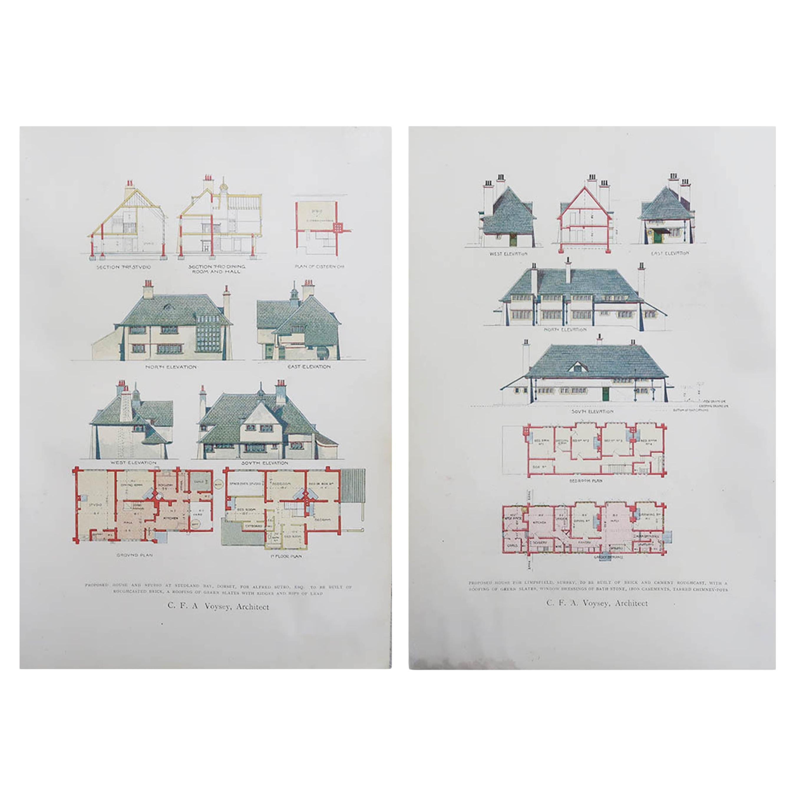 Paire d'estampes anciennes originales de dessins d'architecture de C.F.A Voysey. 1906