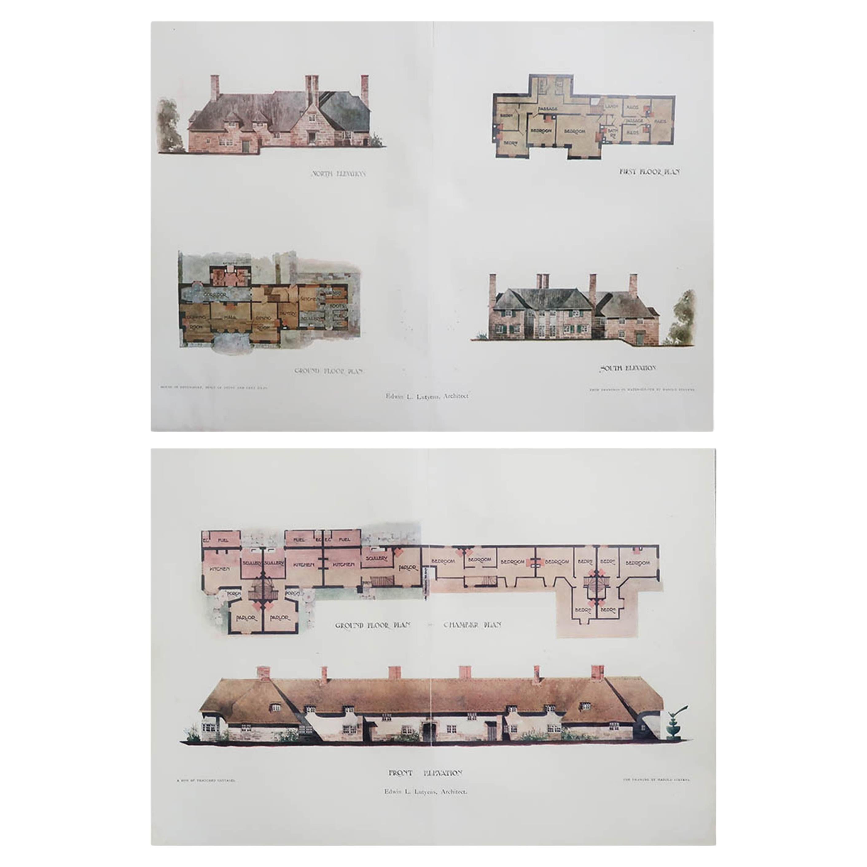 Pair of Original Antique Prints of Architectural Drawings By E.L.Lutyens. 1906