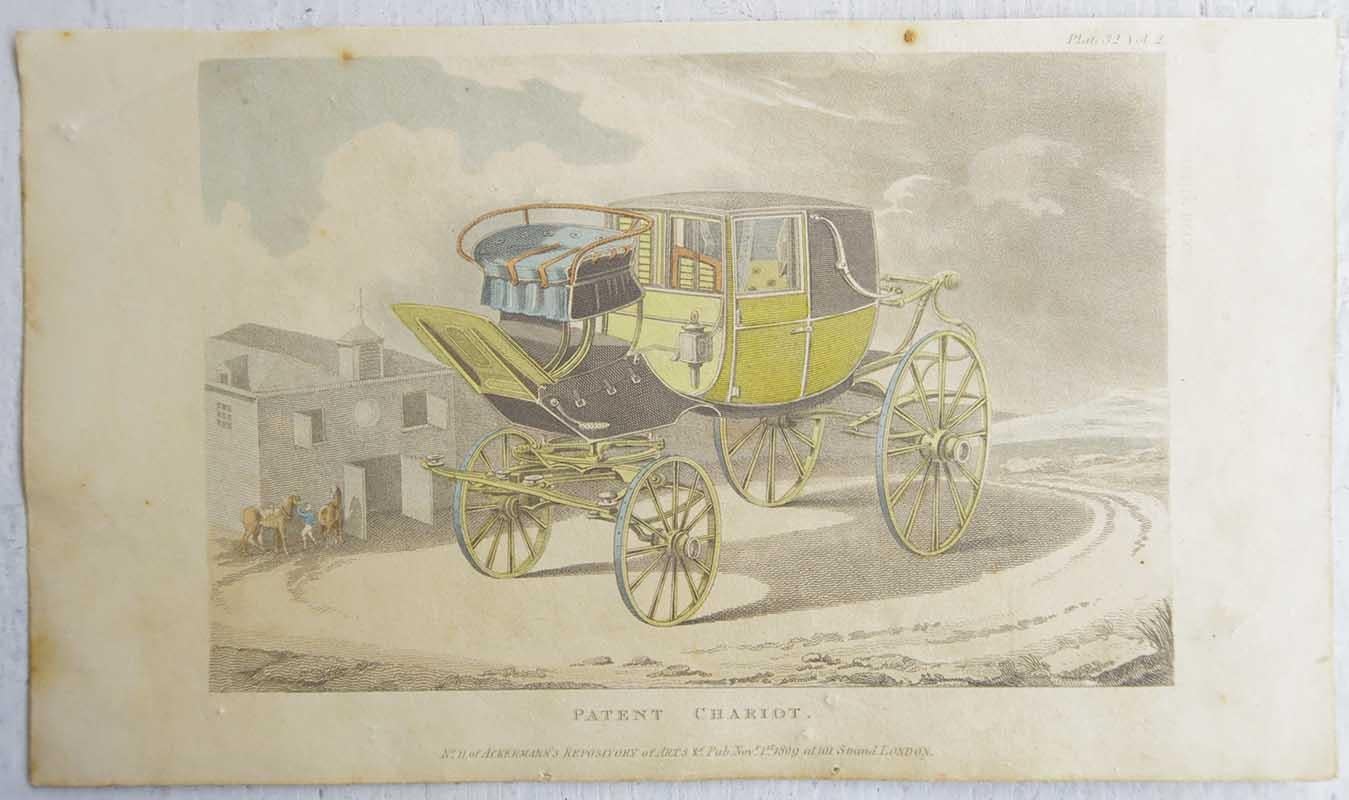 Pareja de Grabados Antiguos Originales de Carruajes Tirados por Caballos. Fechado en 1809 Inglés en venta
