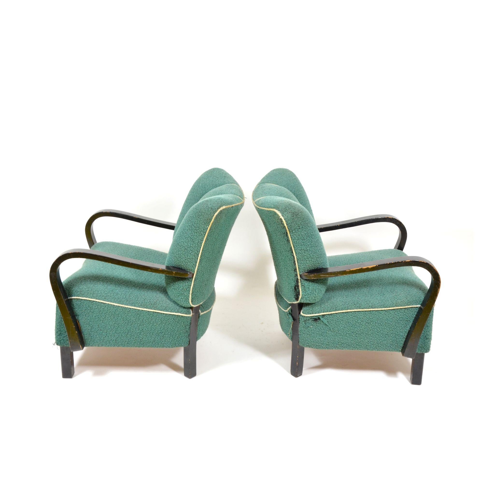 Art Deco Pair of Original Armchairs with Wooden Armrests, Czechoslovakia, 1940s For Sale