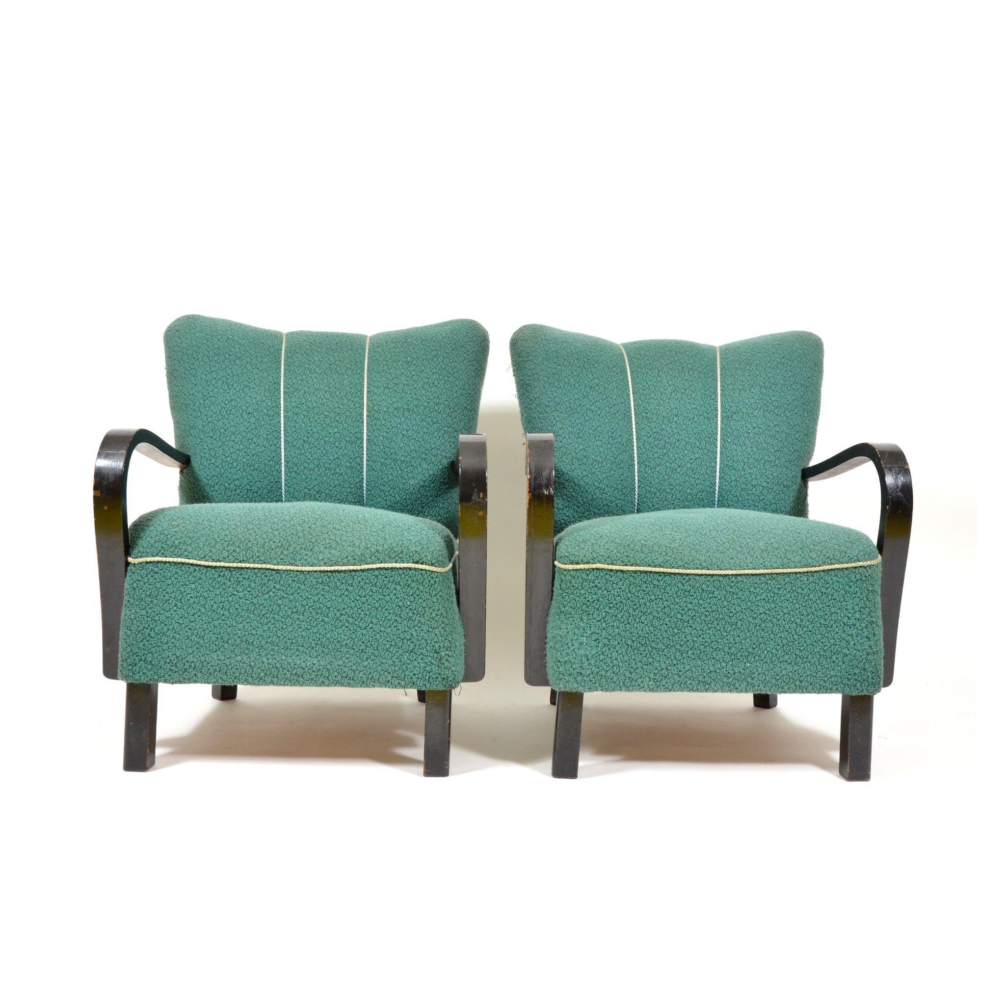 Mid-20th Century Pair of Original Armchairs with Wooden Armrests, Czechoslovakia, 1940s For Sale