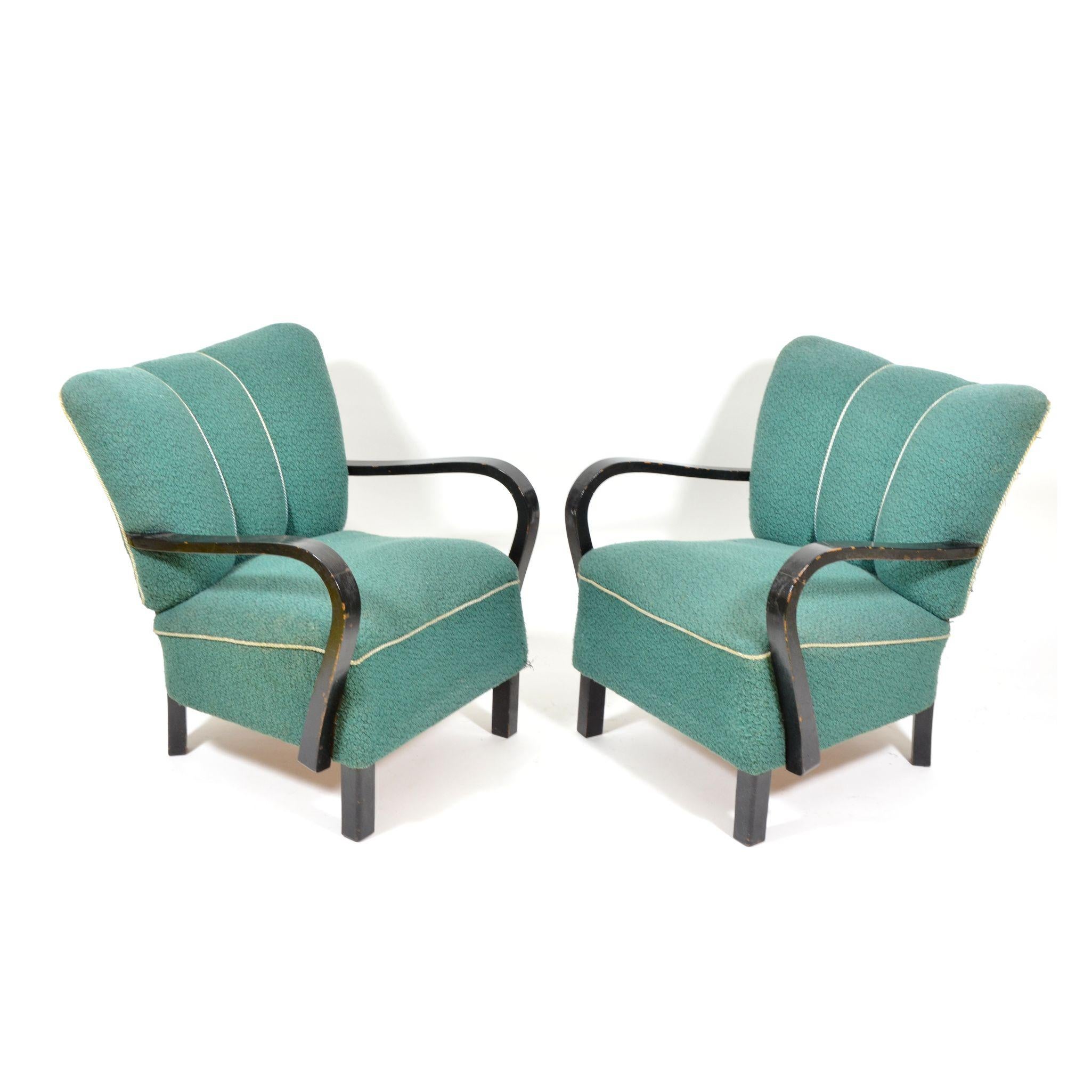 Fabric Pair of Original Armchairs with Wooden Armrests, Czechoslovakia, 1940s For Sale