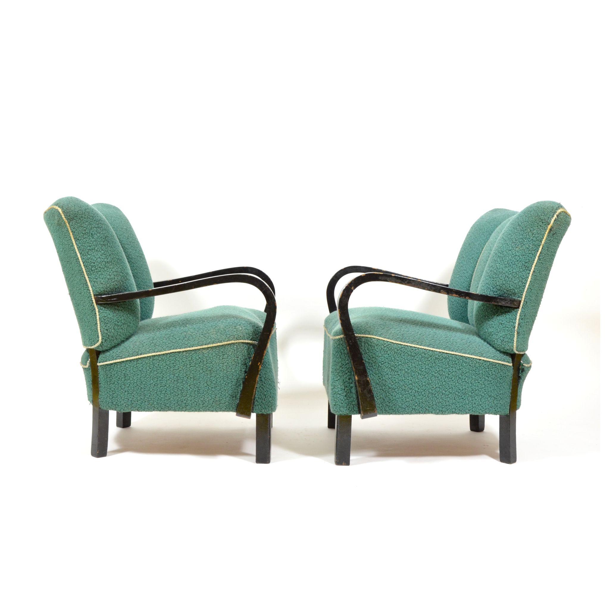 Pair of Original Armchairs with Wooden Armrests, Czechoslovakia, 1940s For Sale 2