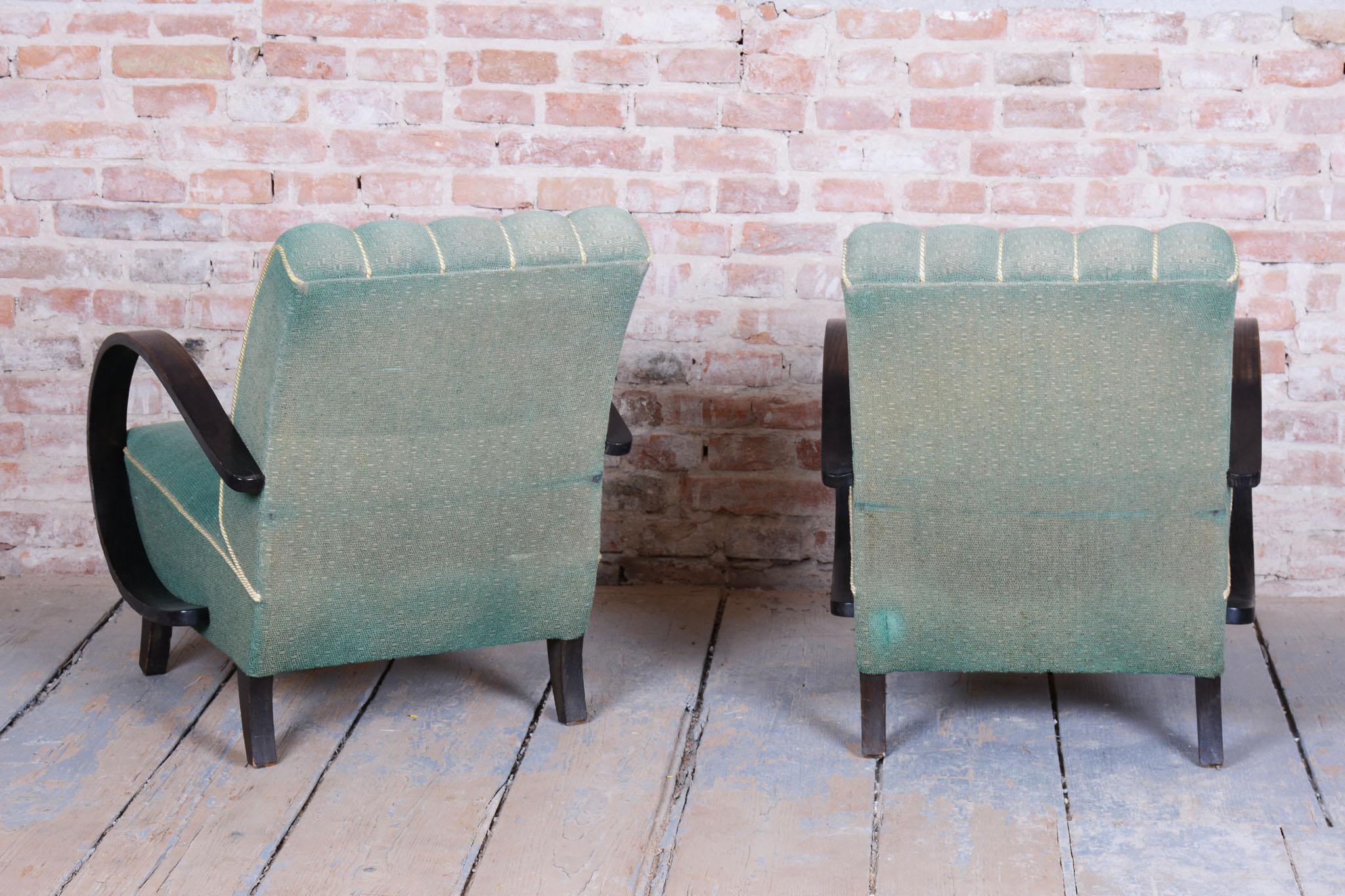 Fabric Pair of Original Art Deco Armchairs, Jindrich Halabala, UP Zavody, Czech, 1930s For Sale