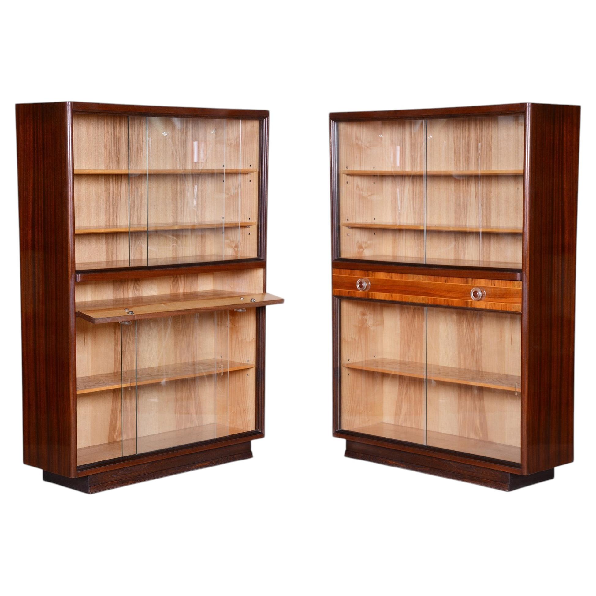 Pair of Original Art Deco Bookcases, Ash, Mahogany, Revived Polish, Czech. 1940s