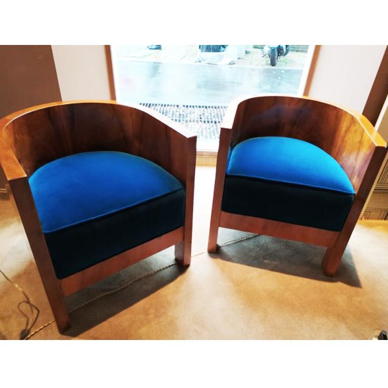 Amazing pair of original Art Deco French armchairs, 1930s with blue velvet.