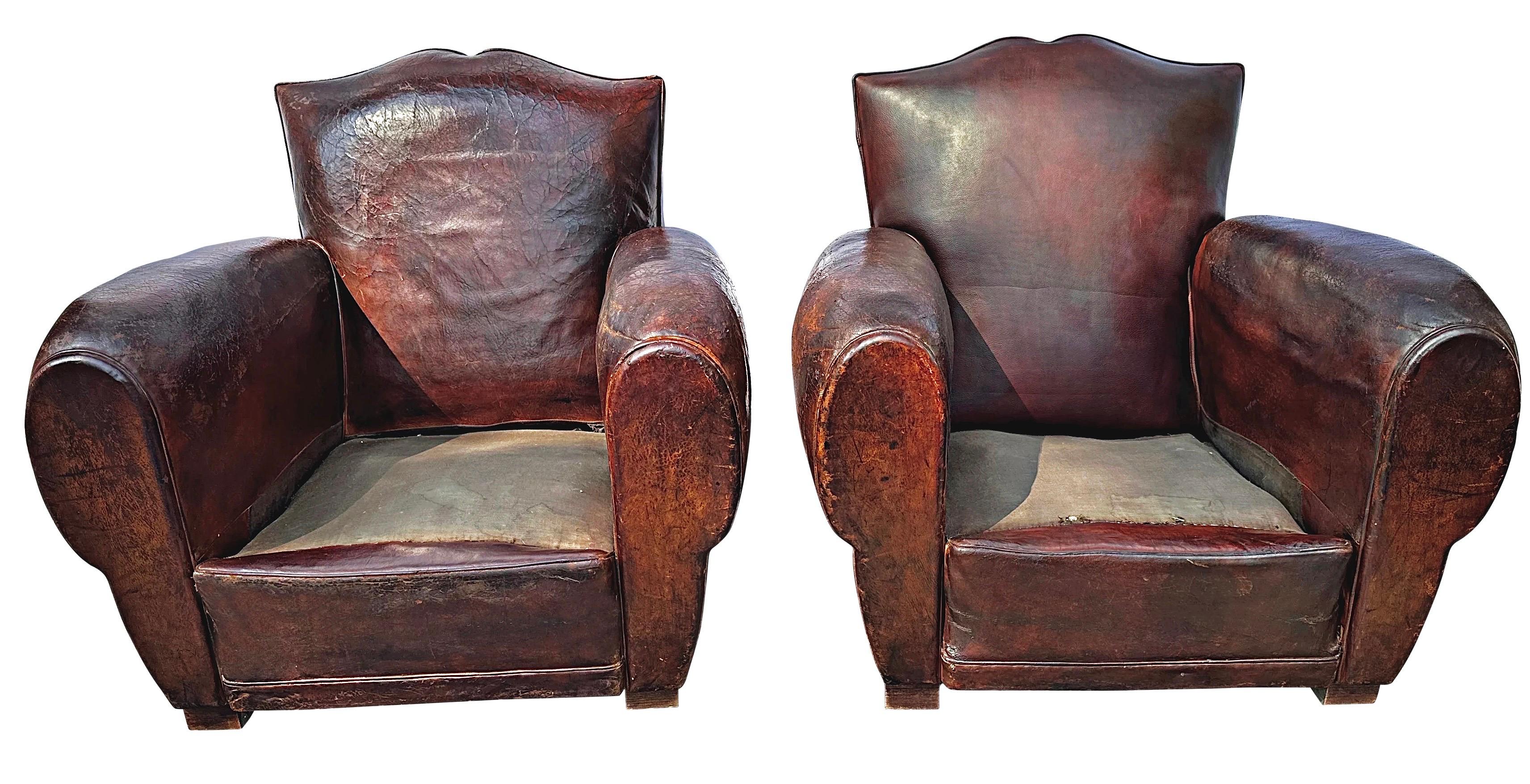 Mid-20th Century Pair of original Art Deco moustache French leather club chairs - 1930. For Sale