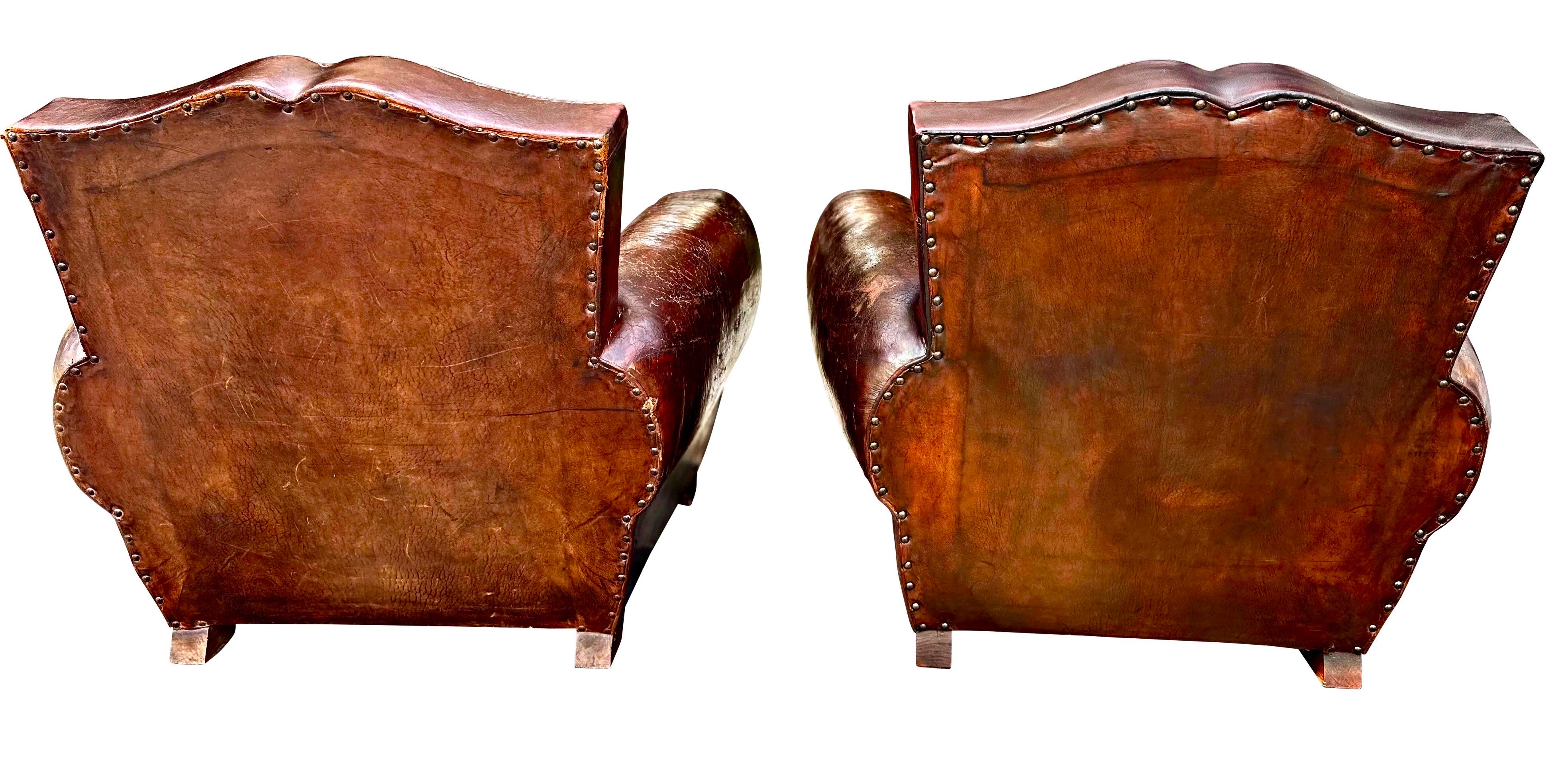 Pair of original Art Deco moustache French leather club chairs - 1930. For Sale 3