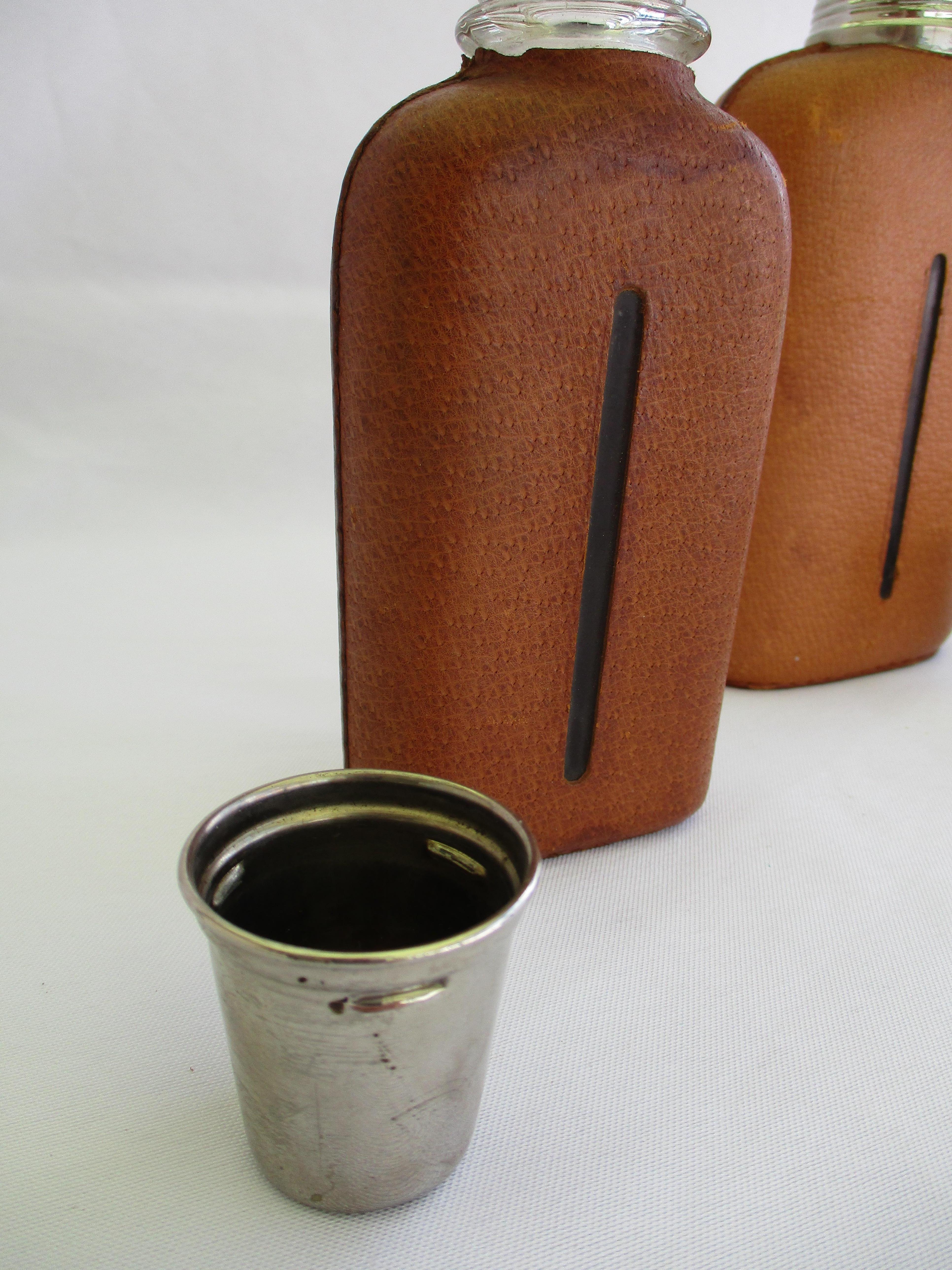 Pair of original Aubock leather wraped Hip Flasks For Sale 3