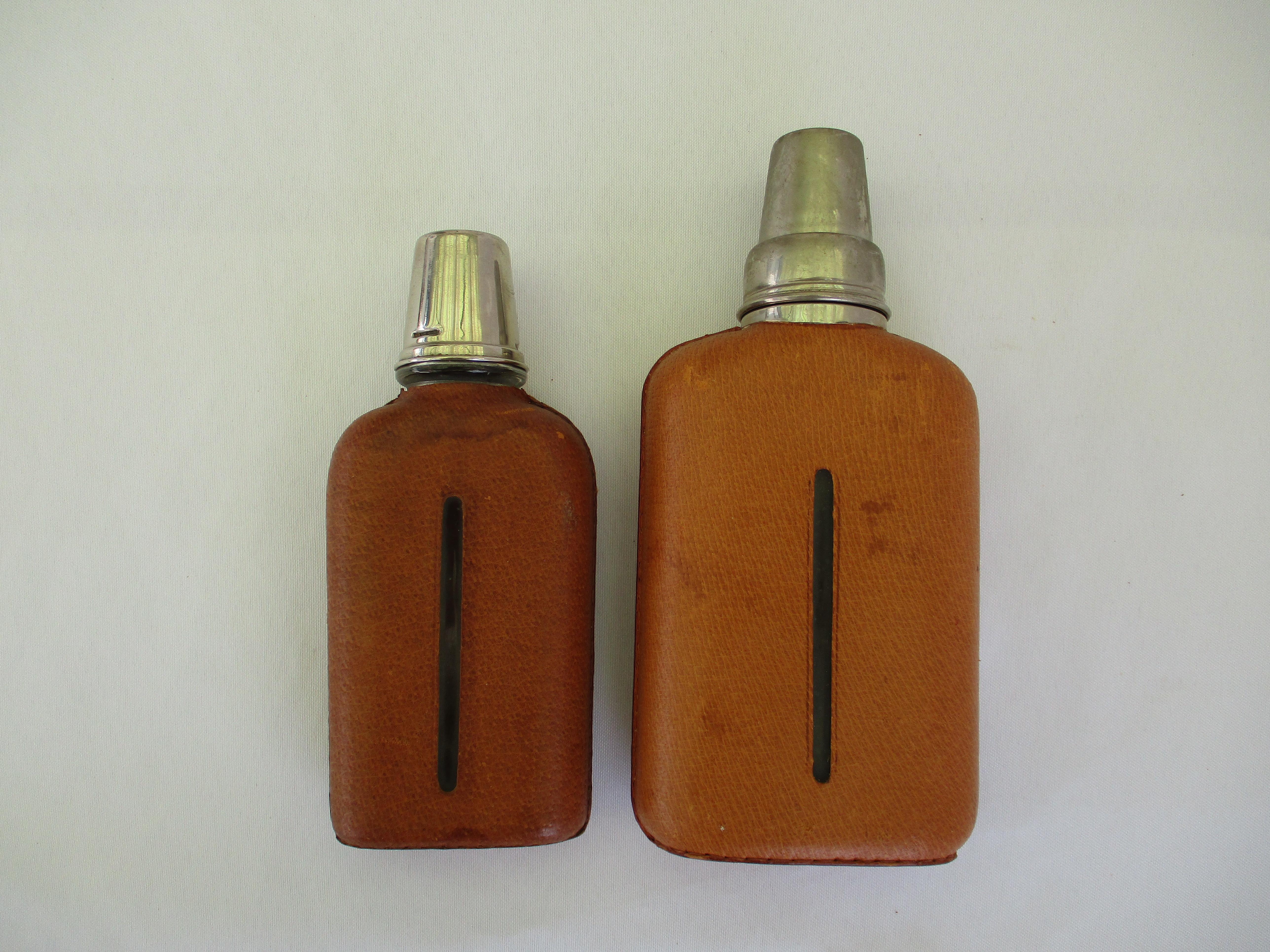 Leather Pair of original Aubock leather wraped Hip Flasks For Sale