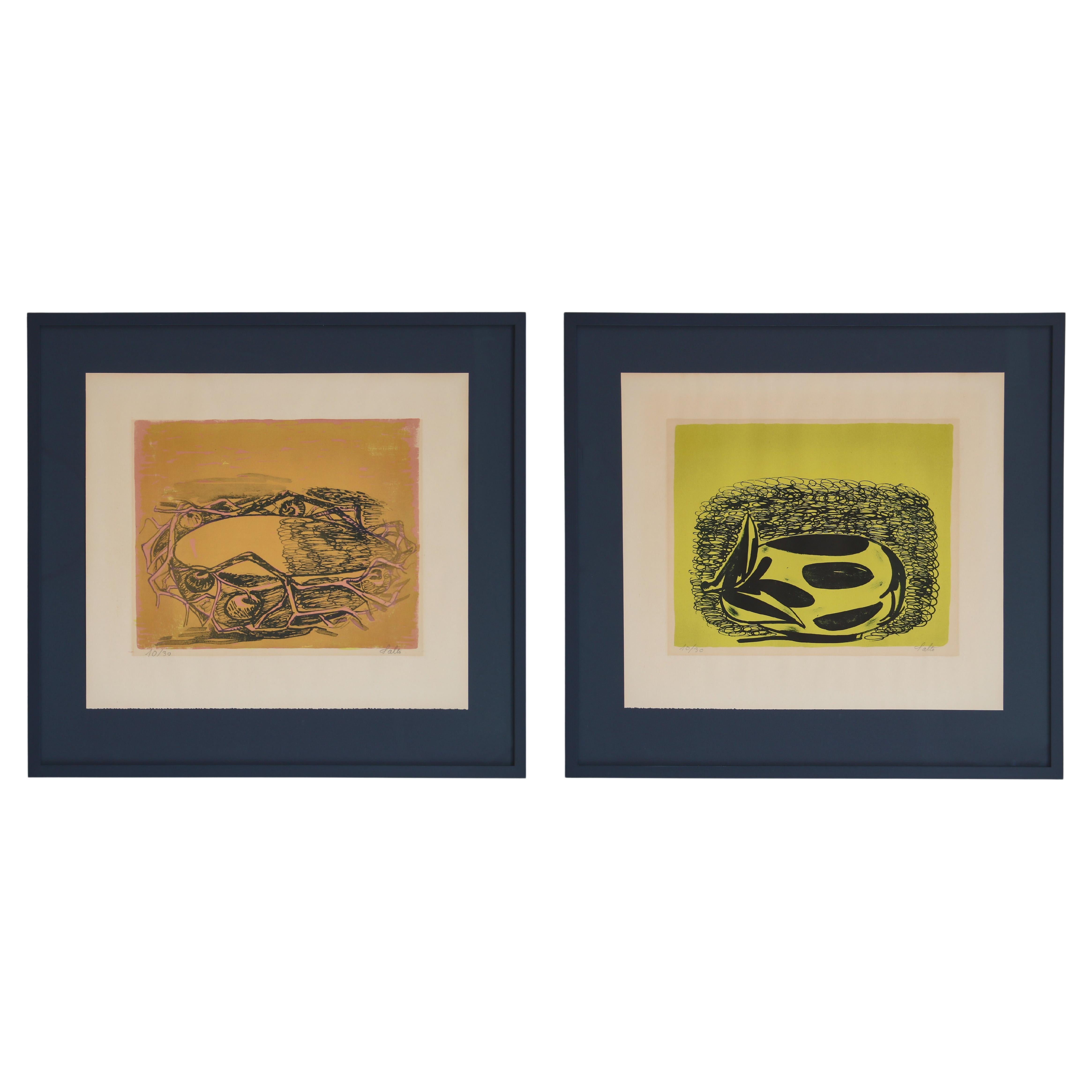 Pair of Original Axel Salto Lithographies in Blue Frames, 1930s For Sale
