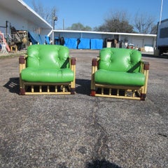 Pair of Original Bamboo Tufted Green Rattan Lounge Chairs by Ficks Reed, 1970's