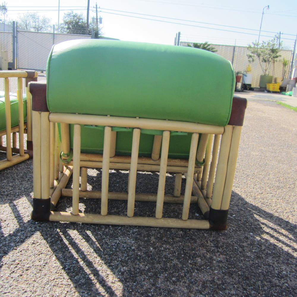 Pair of Original Bamboo Tufted Green Rattan Lounge Chairs by Ficks Reed, 1970's In Good Condition For Sale In Pasadena, TX