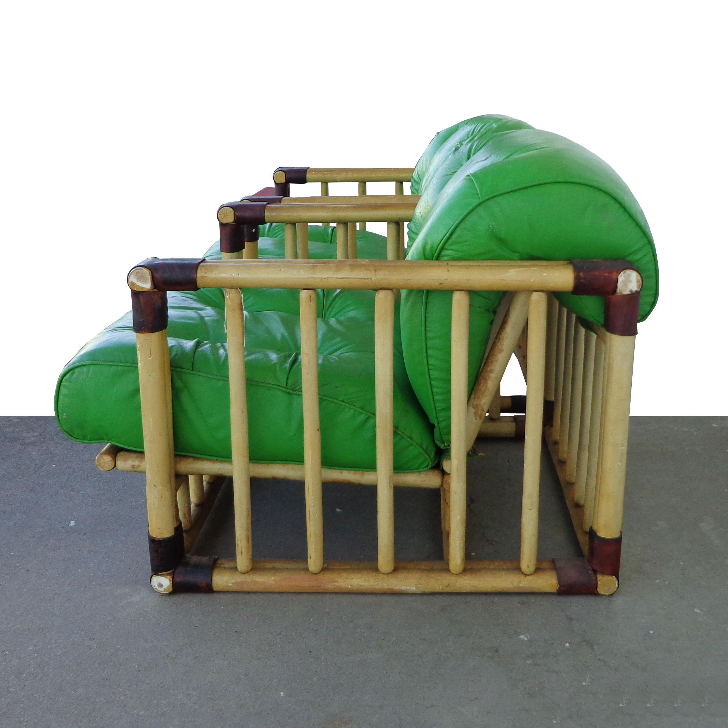 Pair of Original Bamboo Tufted Green Rattan Lounge Chairs by Ficks Reed, 1970's For Sale 1