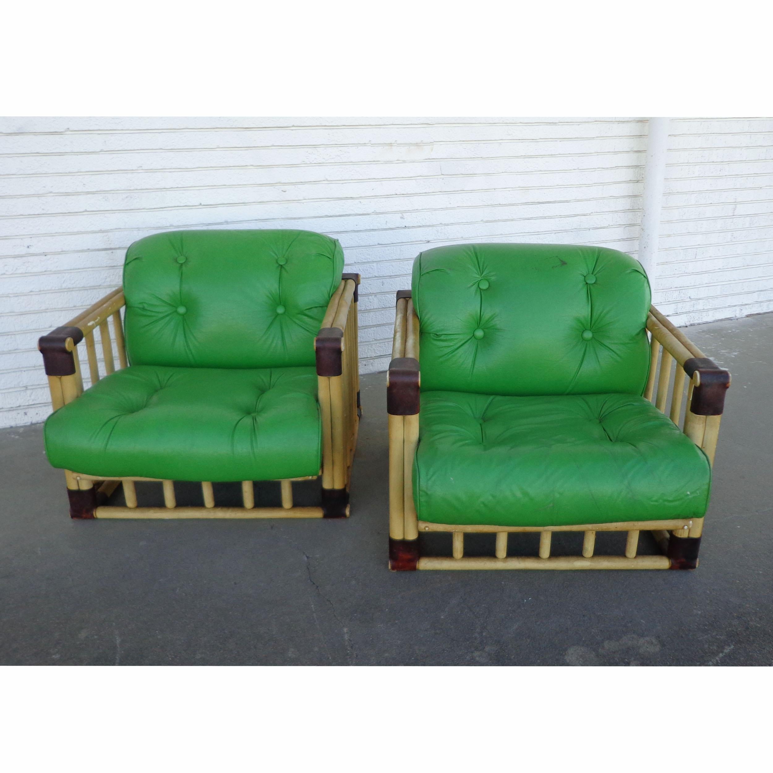 Pair of Original Bamboo Tufted Green Rattan Lounge Chairs by Ficks Reed, 1970's For Sale 2