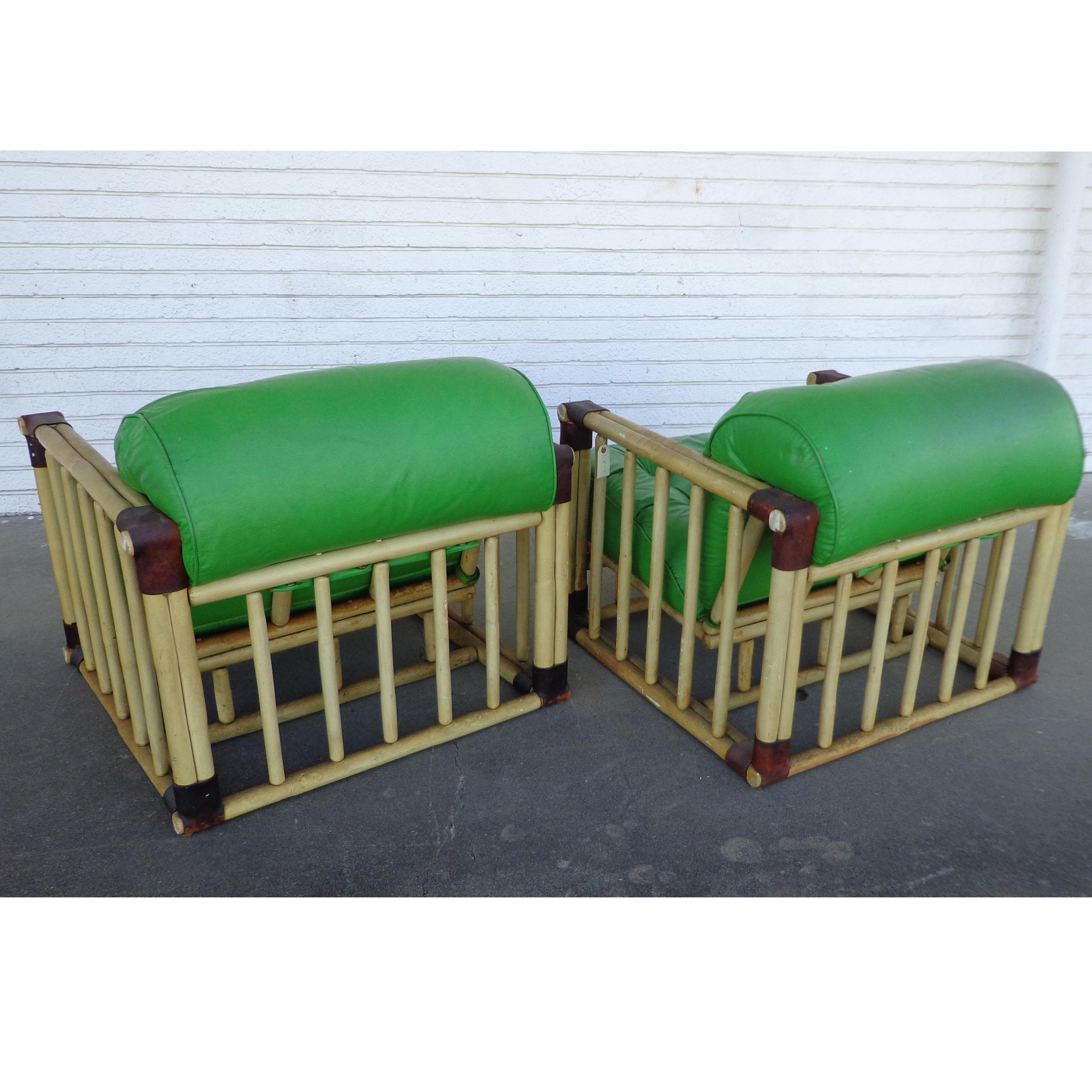 Pair of Original Bamboo Tufted Green Rattan Lounge Chairs by Ficks Reed, 1970's For Sale 3