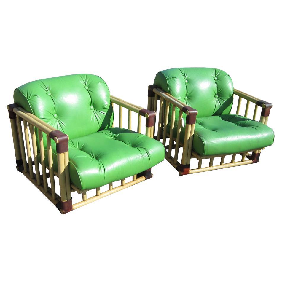 Pair of Original Bamboo Tufted Green Rattan Lounge Chairs by Ficks Reed, 1970's For Sale