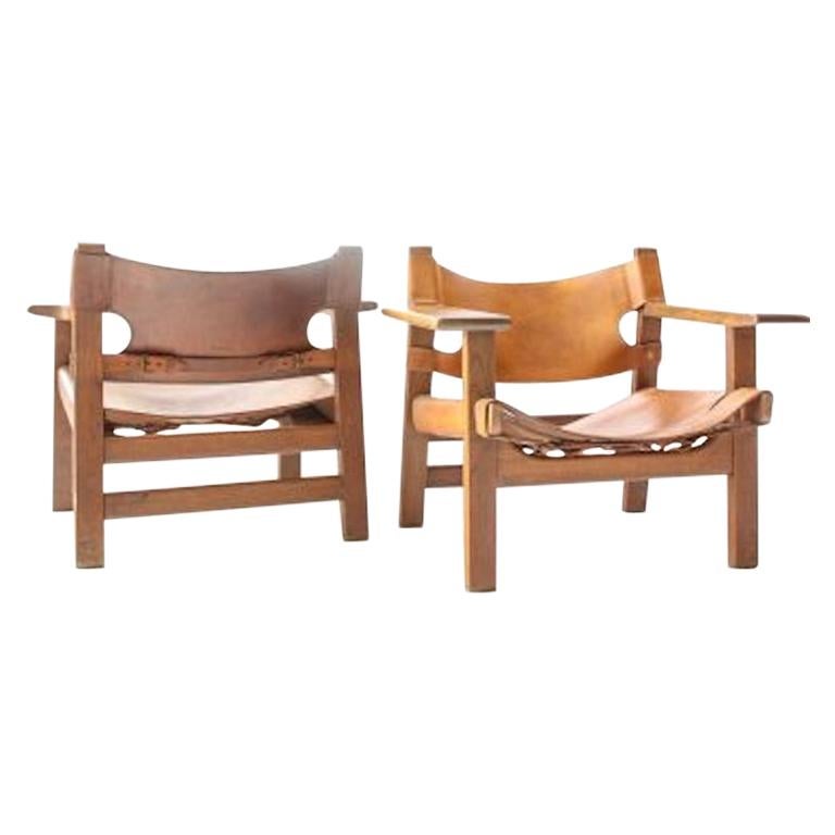 Pair of Original Borge Mogensen Spanish Chairs Model 226 Leather and Oak For Sale