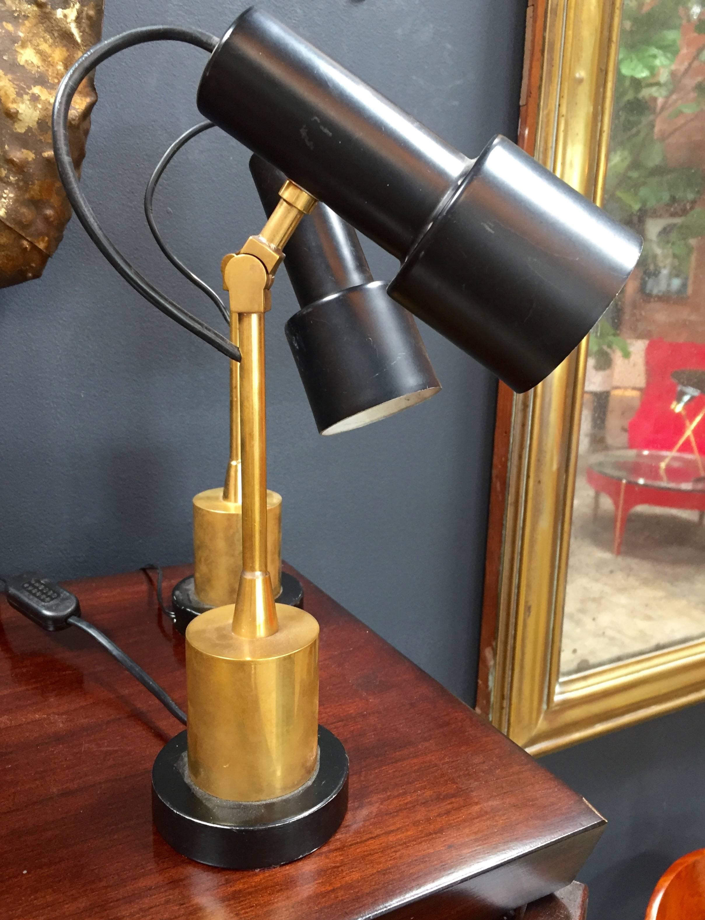 Painted Pair of Original Brass and Black Stilnovo Table Lamps, Italy, 1950s