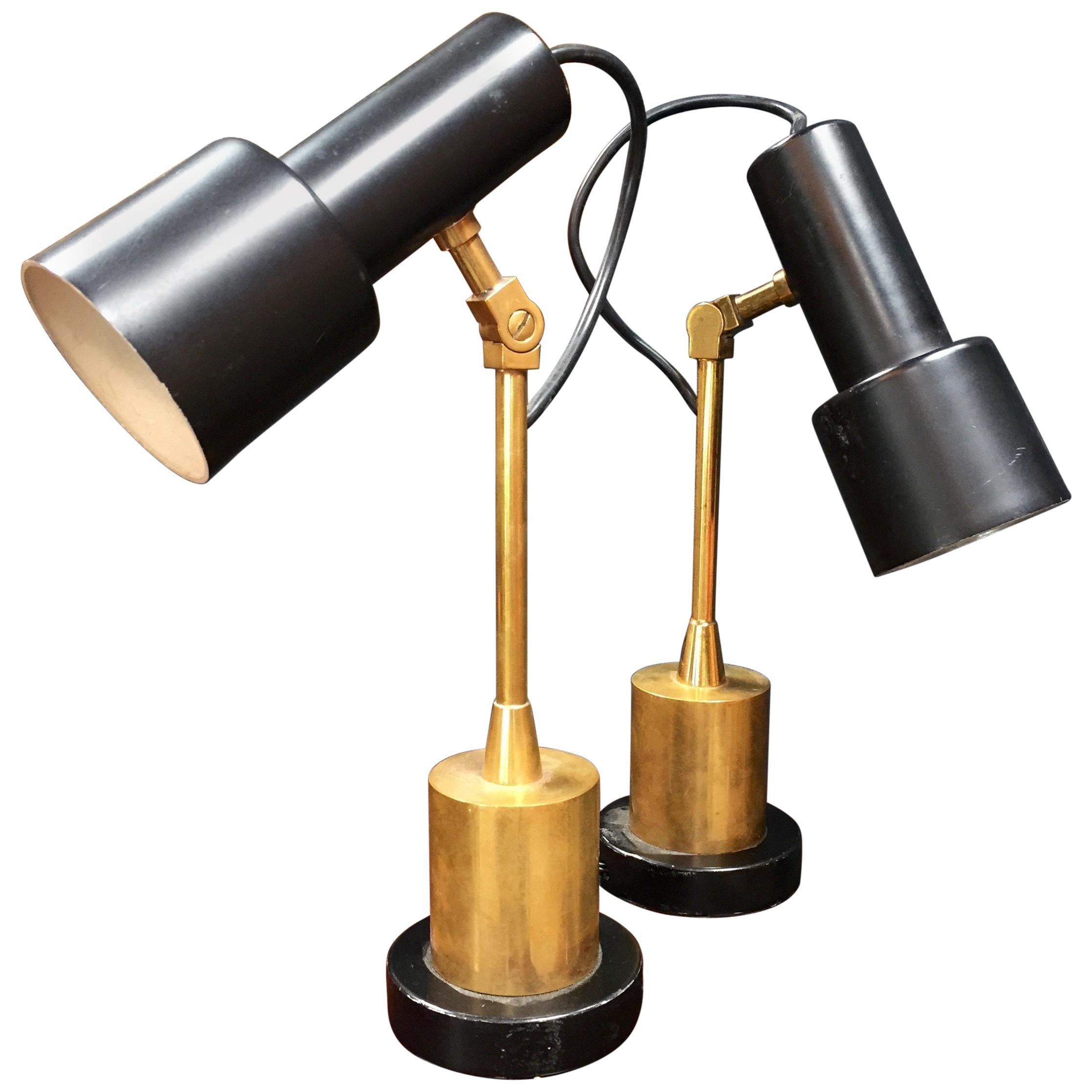 Pair of Original Brass and Black Stilnovo Table Lamps, Italy, 1950s