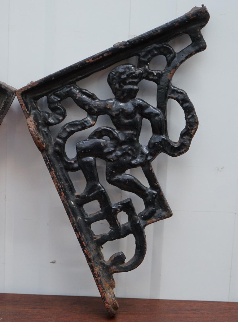 Pair of Original Cast Iron Antique Wall Shelf Brackets with Original Finish at 1stDibs