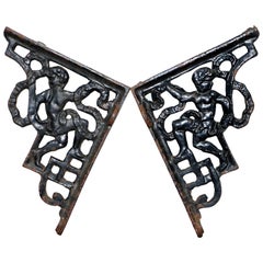 Pair of Original Cast Iron Antique Wall Shelf Brackets with Original Finish