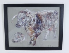 Pair of Original Cow Drawings in Pastel by Leslie Charlotte Benenson - A