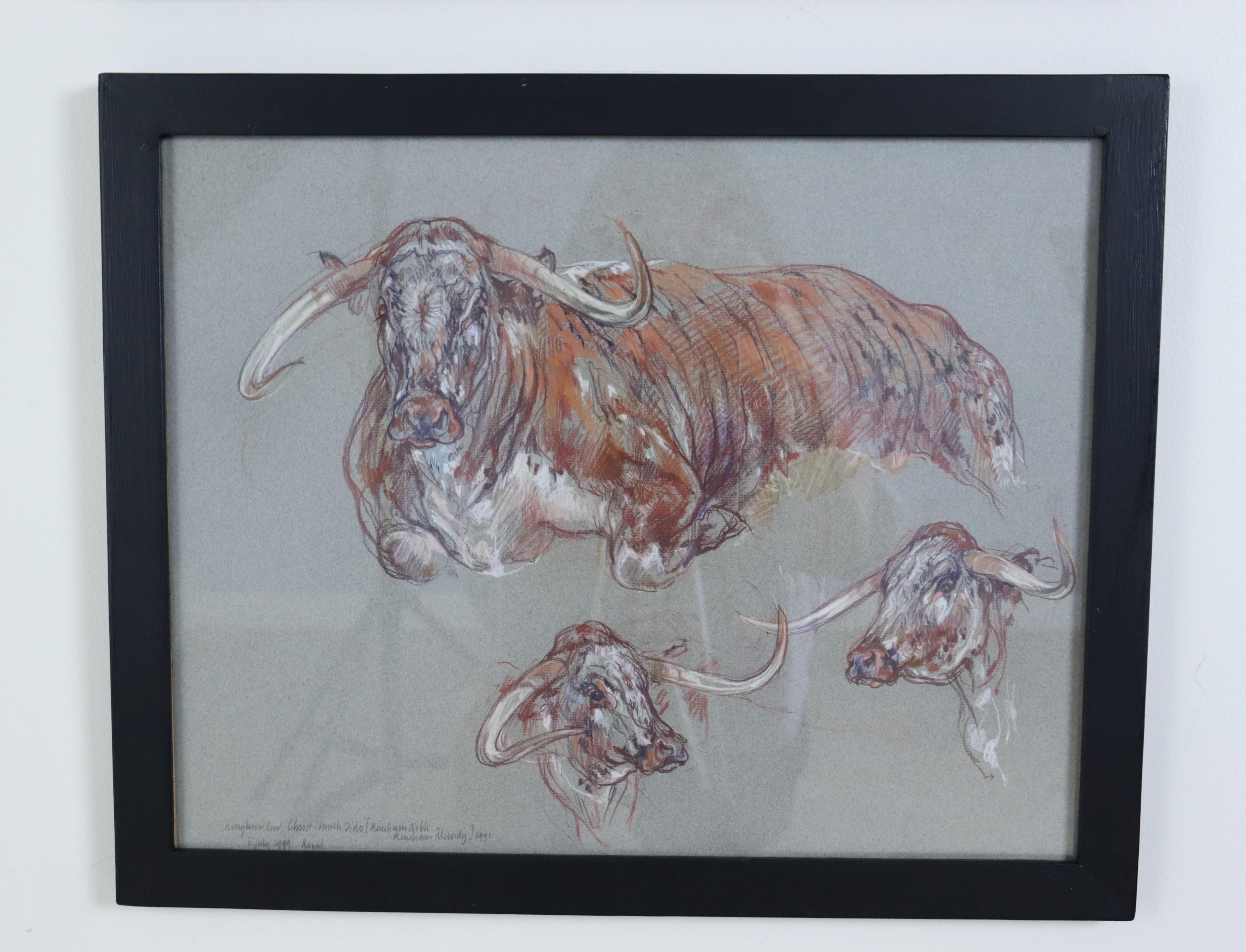 Paper Pair of Original Cow Drawings in Pastel by Leslie Charlotte Benenson - A For Sale