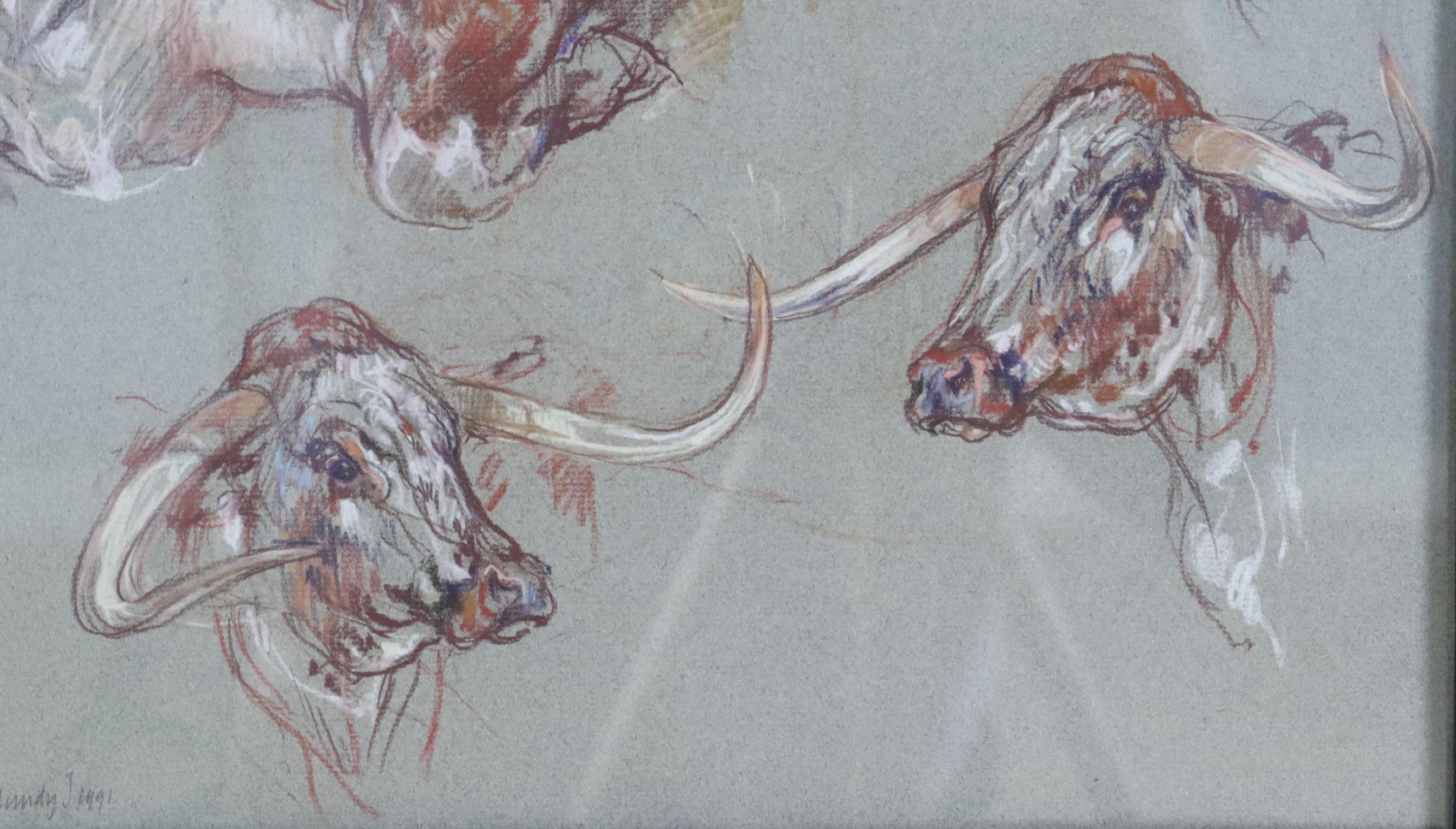 Pair of Original Cow Drawings in Pastel by Leslie Charlotte Benenson - A For Sale 2