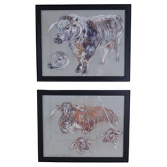 Vintage Pair of Original Cow Drawings in Pastel by Leslie Charlotte Benenson - A