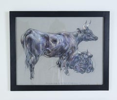 Pair of Original Cow Drawings in Pastel by Leslie Charlotte Benenson -B