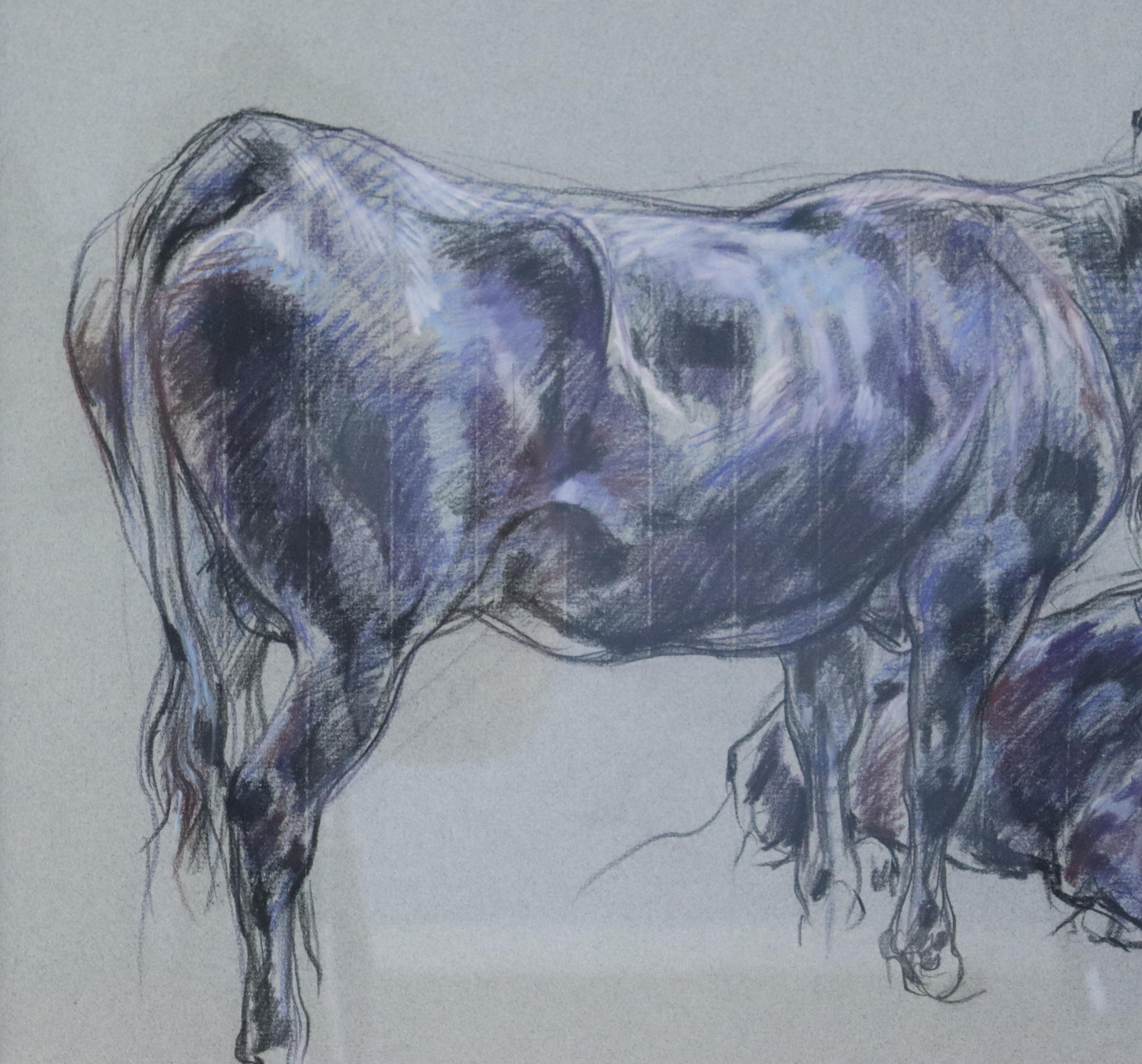 Pair of Original Cow Drawings in Pastel by Leslie Charlotte Benenson -B In Excellent Condition For Sale In Port Chester, NY