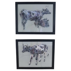 Pair of Original Cow Drawings in Pastel by Leslie Charlotte Benenson -B