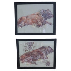 Pair of Original Cow Drawings in Pastel by Leslie Charlotte Benenson -C