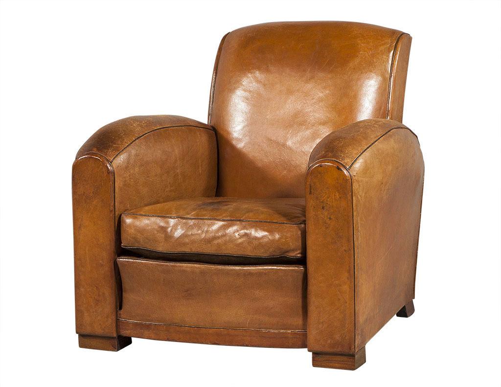Pair of Original French Art Deco Cognac Leather Club Gentleman’s Chairs In Good Condition In North York, ON