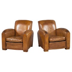 Pair of Original French Art Deco Cognac Leather Club Gentleman’s Chairs