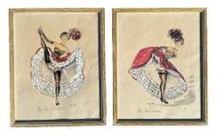 Pair of Original French Cabaret CanCan Dancers Watercolor Paintings by Janicotte