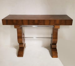 Pair of Original French Double Legged Burl Walnut and Glass Consoles