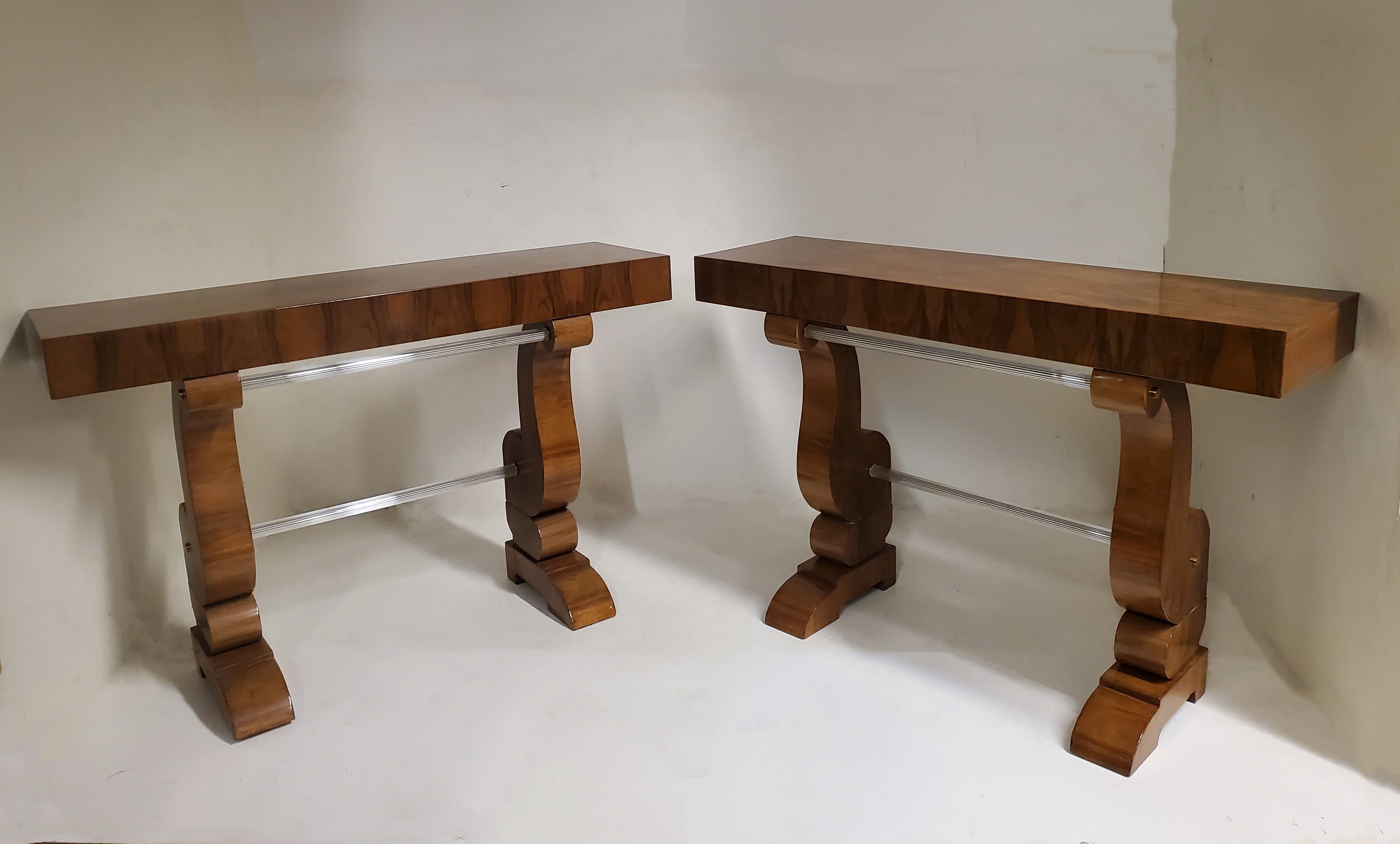 Pair of Original French Double Legged Burl Walnut and Glass Consoles For Sale 15