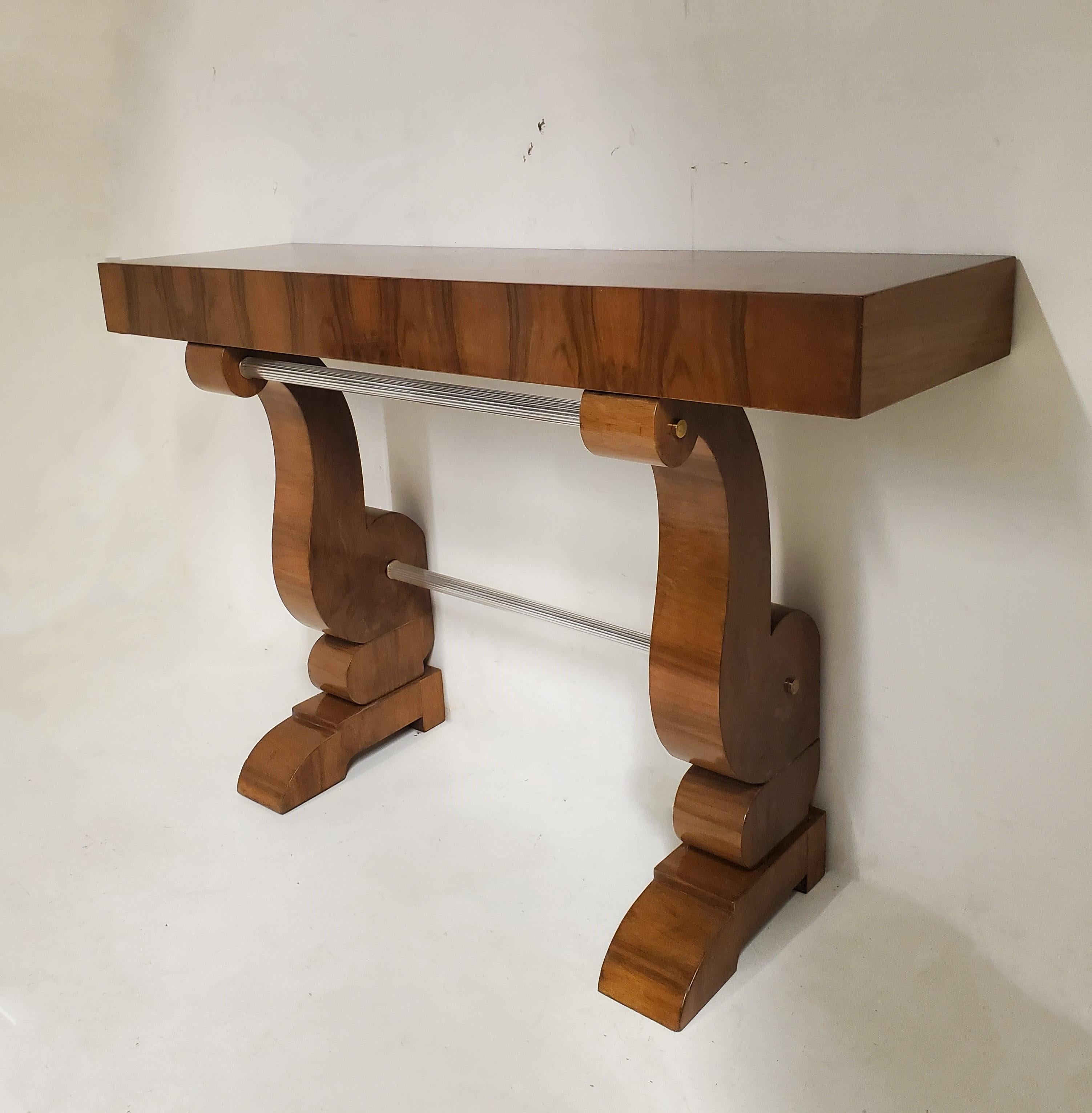 Art Deco Pair of Original French Double Legged Burl Walnut and Glass Consoles For Sale