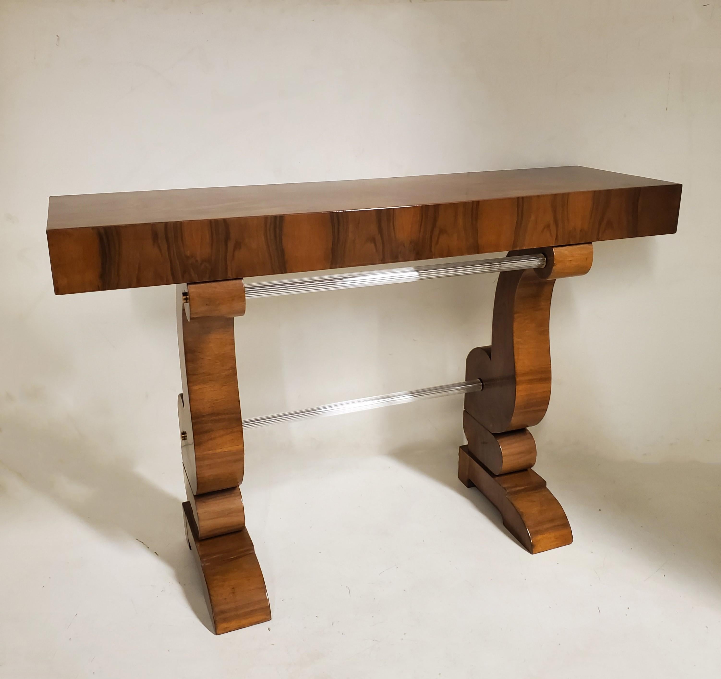 Pair of Original French Double Legged Burl Walnut and Glass Consoles In Good Condition For Sale In New York City, NY