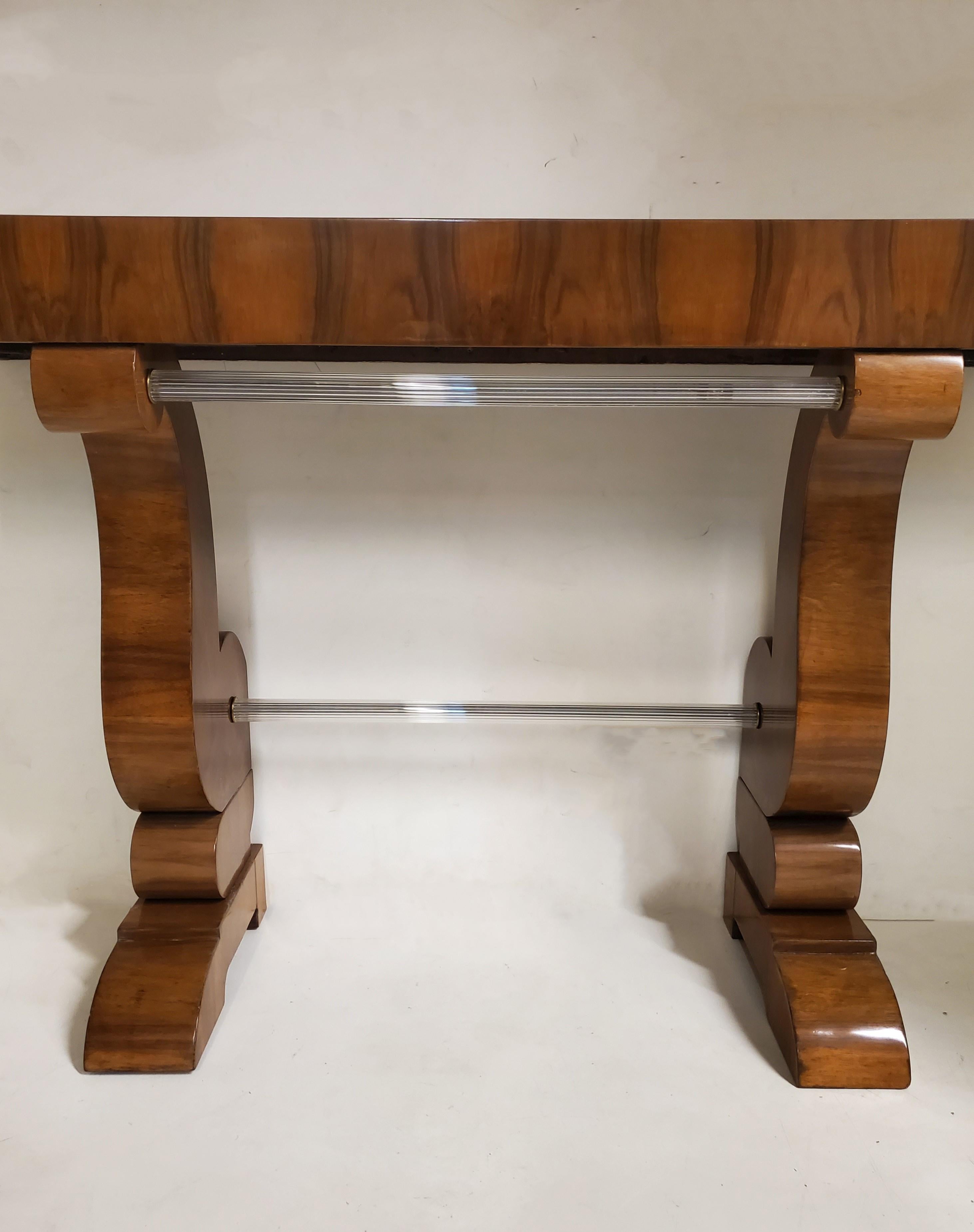 Pair of Original French Double Legged Burl Walnut and Glass Consoles For Sale 3
