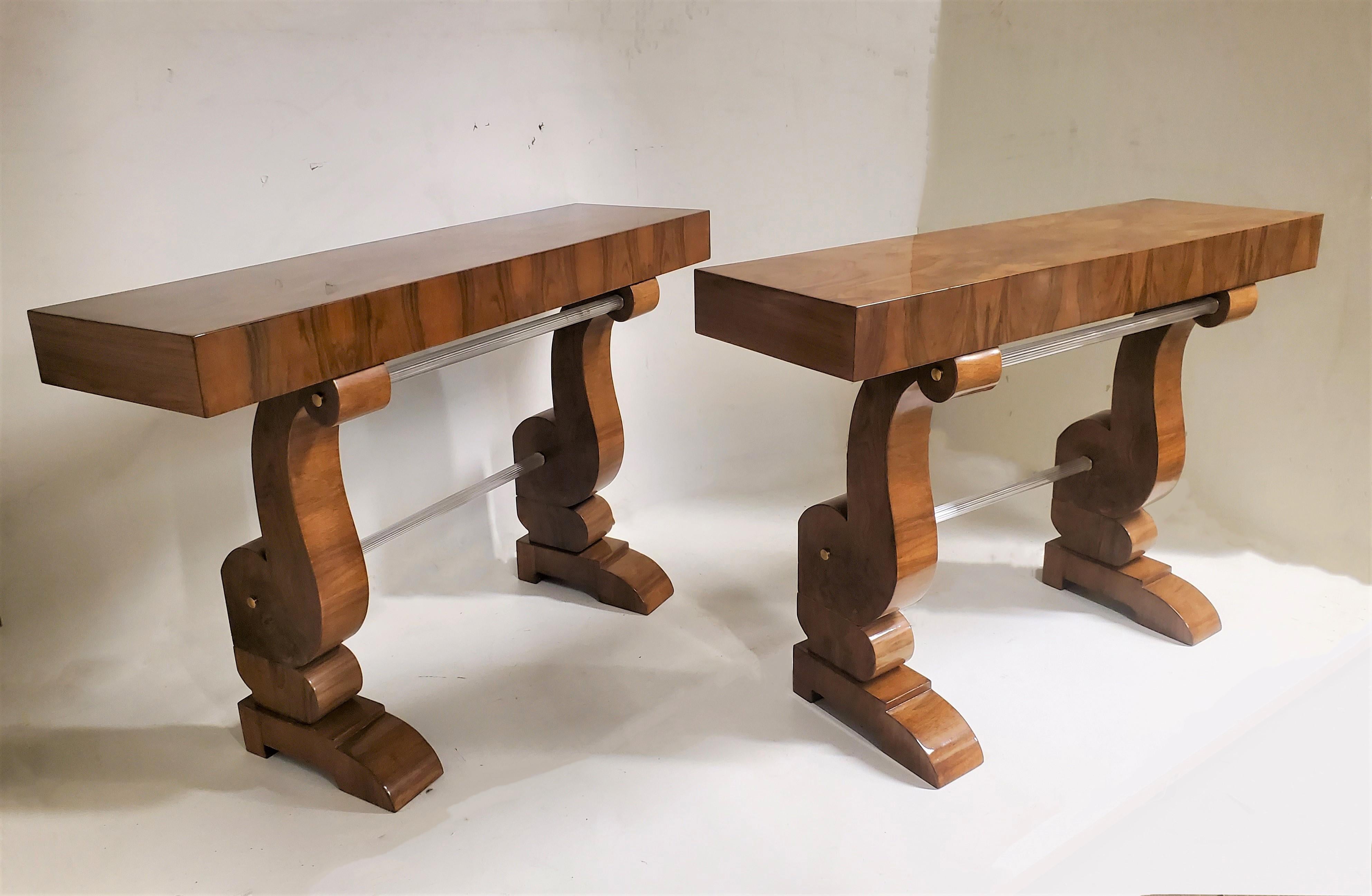 Pair of Original French Double Legged Burl Walnut and Glass Consoles For Sale 2