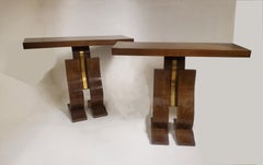 Pair of original French "L" curve walnut and brass consoles