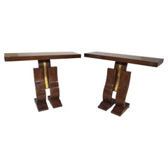 Pair of original French "L" curve walnut and brass consoles
