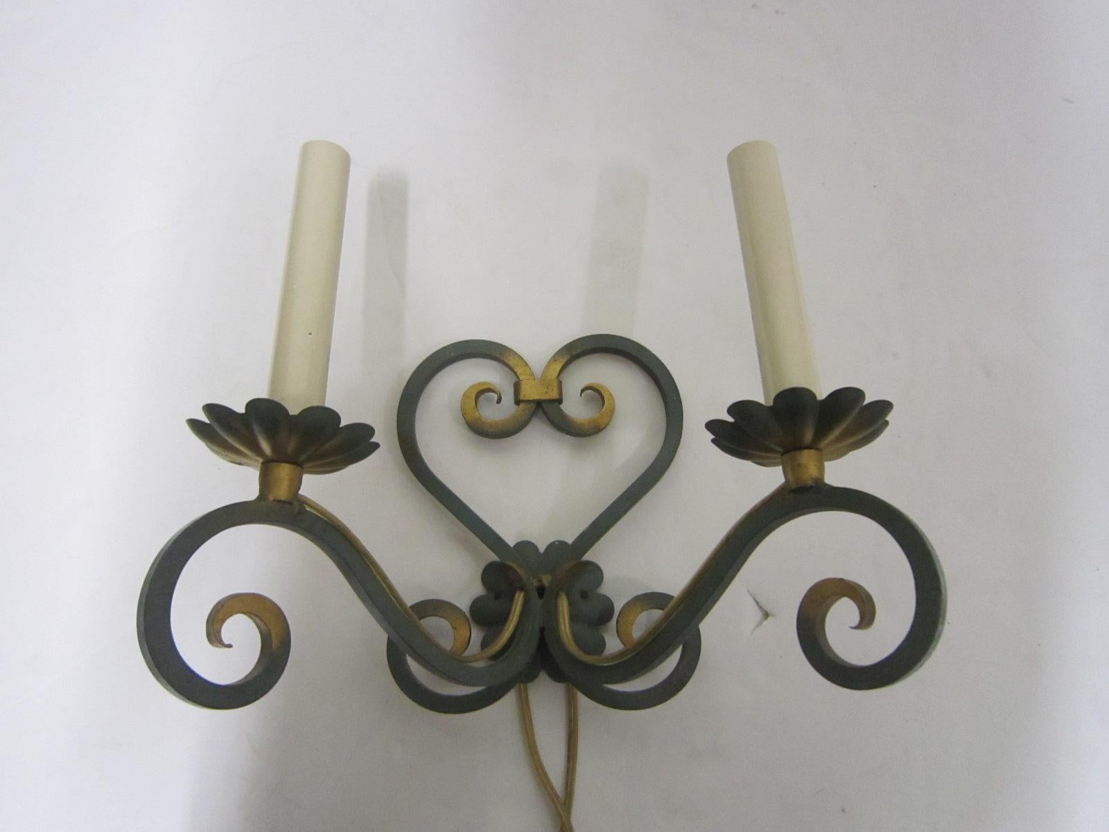 Pair of Original French Verde Green and Gilt Hand Forged Iron Sconces For Sale 5