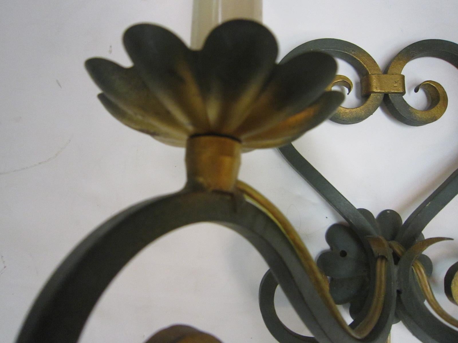Pair of Original French Verde Green and Gilt Hand Forged Iron Sconces For Sale 6