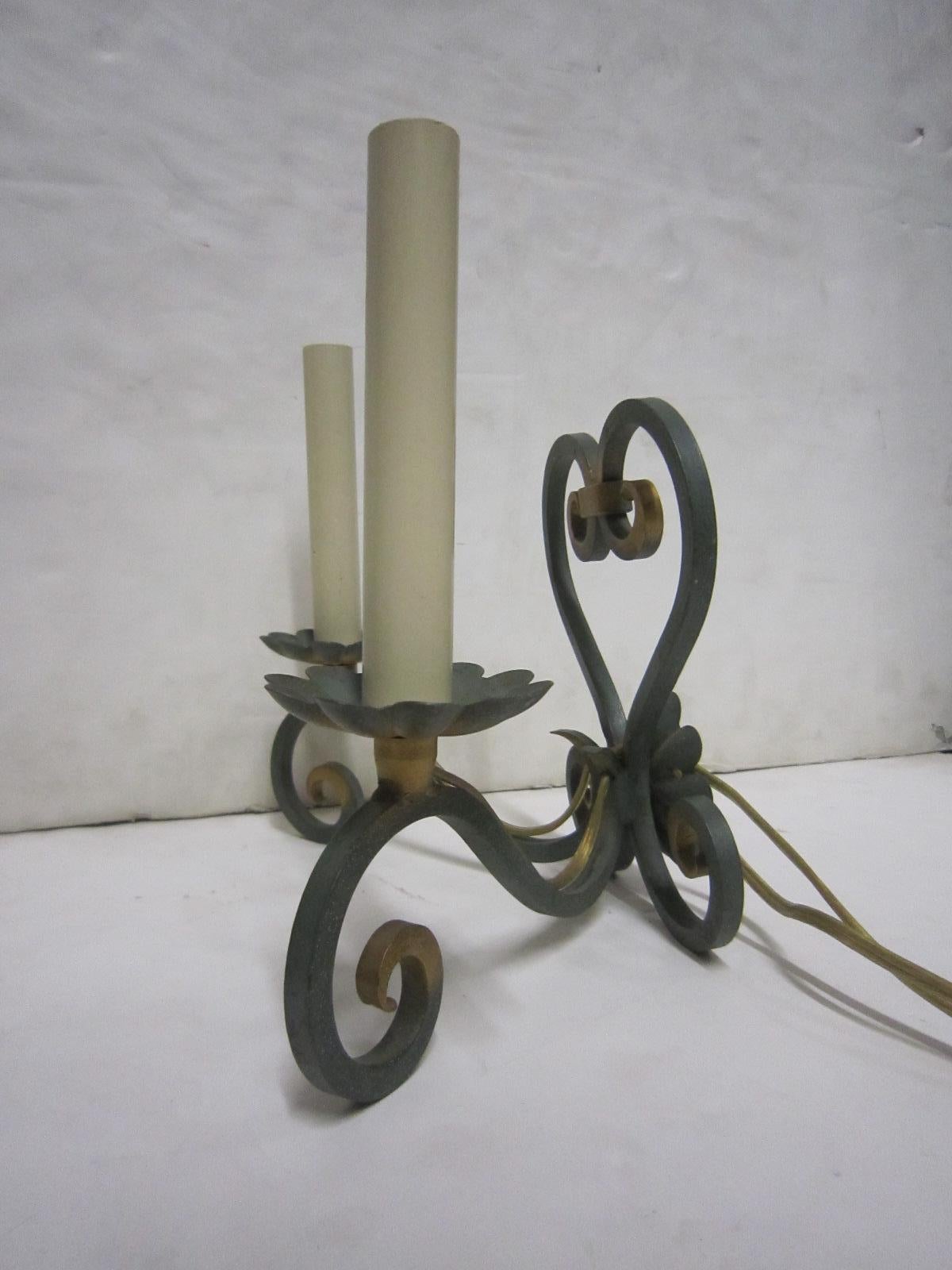 Pair of Original French Verde Green and Gilt Hand Forged Iron Sconces For Sale 10